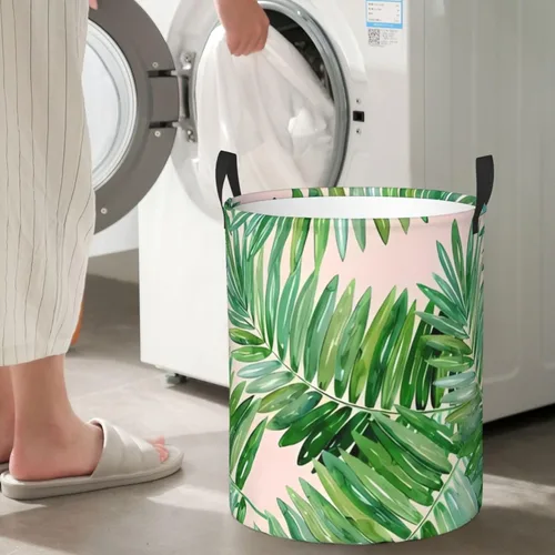 Vista 7 de Cesta de lavandería con hojas de palmera, organizador circular con asas para baño, dormitorio