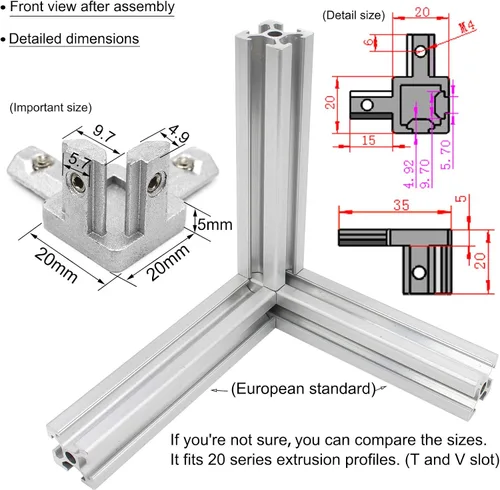 Vista 2 de 8Pcs 2020 Extrusión de Aluminio Ranura en T Bracket de Esquina Serie 20 Hardware Extruido Conector Tri 3 Vías con Tornillo de Ajuste para Perfil