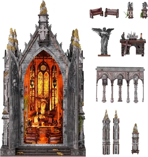 Vista 16 de fifijoy Kit de rincón de libros, casa de muñecas en miniatura para adultos y adolescentes, rompecabezas de madera 3D con luz LED, decoración retro