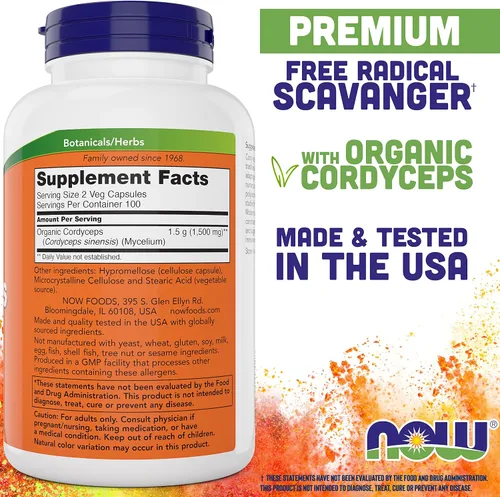 Vista 2 de NOW Foods Cordyceps 750mg 200 cápsulas vegetales – Hongo micelio Cordycep Sinensis orgánico en cápsulas no orgánicas – Vegano, sin OMG