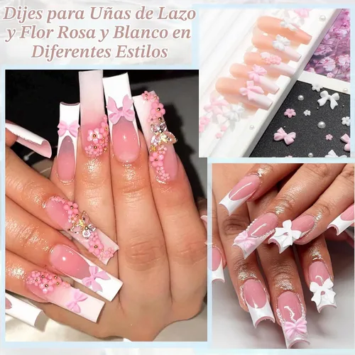Vista 6 de RODAKY - Abalorio de uñas con lazo rosa y blanco en 3D de colores-3