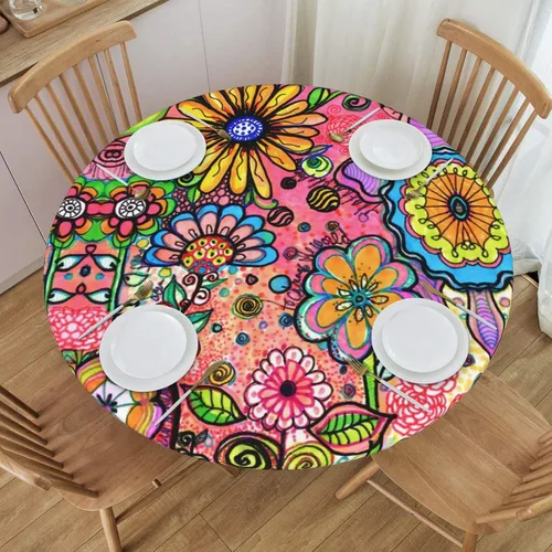 Vista 15 de Fiokroo Mantel de Flores de Crisantemo Azul, Amarillo y Azul Marino con Borde Elástico, Mantel Redondo Lavable y Reutilizable Cubierta de Mesa