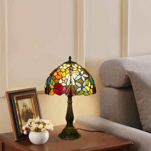 Vista 8 de Tiffany - Lámpara de mesa de 12 x 12 x 19 pulgadas, lámpara de mesa multicolor estilo flores, lámpara de vitral, mesita de noche, luz de escritorio
