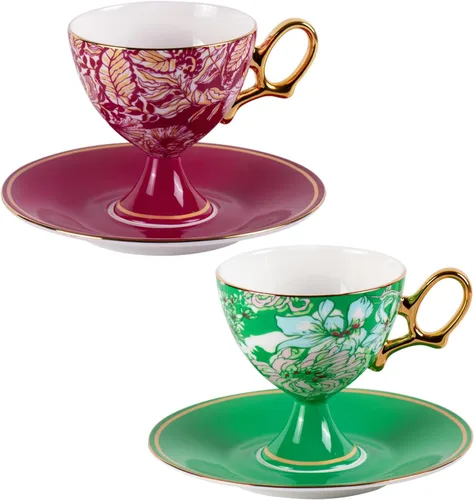 Vista 17 de KAMMAK Juego de 2 tazas de café de cerámica, tazas de café de porcelana con platillos, 6.52 onzas hechas a mano, elegante taza de té de porcelana