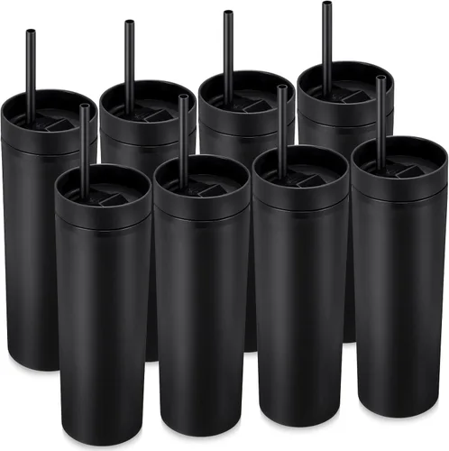 Vista 9 de Potchen 2 vasos delgados con tapa y pajilla, vaso de acrílico mate de 16 onzas, aislado de doble pared de plástico, vasos reutilizables de vinilo