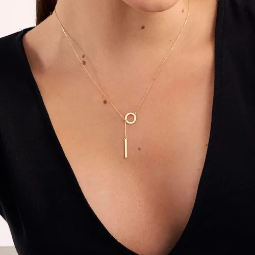 Vista 2 de 14k Real Gold Y-Necklace for Women 14k Gold Lariat Necklaces Vertical Bar Two Stars Leaves Rose Hamsa Hand Pendant Necklace Dainty Gold Jewelry