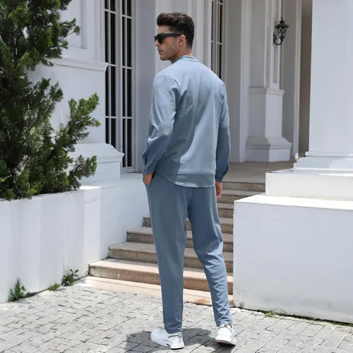 Vista 5 de FZNHQL Conjunto de 2 piezas para hombre, de moda, informal, de manga larga, con botones, camisa y pantalón para hombre