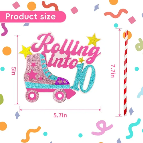 Vista 4 de Decoración para tartas con temática de décimo cumpleaños de 10 años, decoración de cumpleaños de 10 años para niñas, patinaje sobre ruedas, fiesta