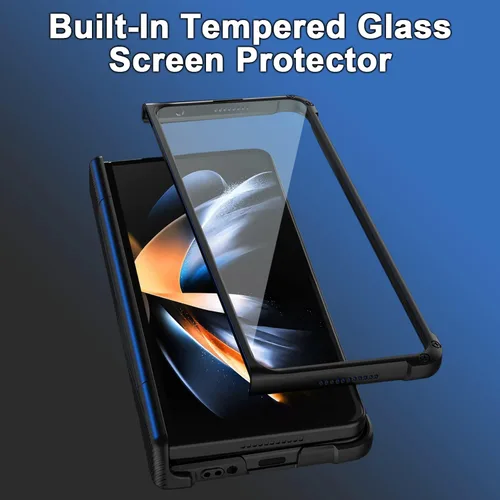 Vista 4 de Miimall Funda compatible con Galaxy Z Fold 4, Fold 4 con protección de bisagra, protector de pantalla de vidrio templado, soporte ajustable, fundas