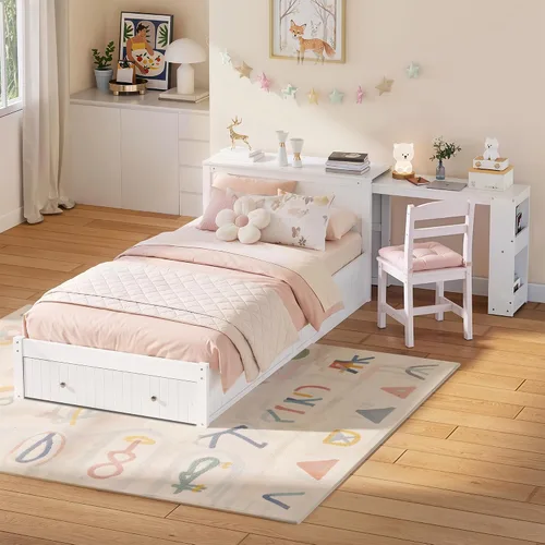 Vista 25 de VilroCaz Cama de plataforma multifunción de tamaño matrimonial con nido y cajones, plataforma de madera con cabecera de almacenamiento y enchufes