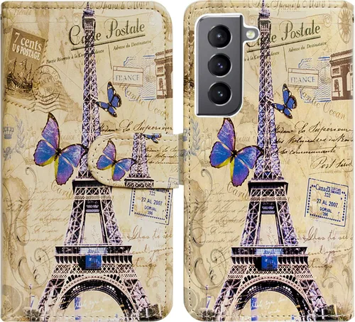 Vista 6 de Bcov Funda para Samsung Galaxy S22, Postal de la Torre Eiffel multifunción Funda de cuero para teléfono con múltiples ranuras para tarjetas, correa