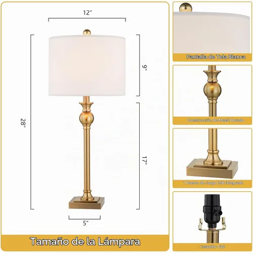Vista 2 de Maxax Juego de 2 lámparas de mesa de buffet de 28 pulgadas para sala de estar, lámparas de noche tradicionales de latón dorado con puerto de carga
