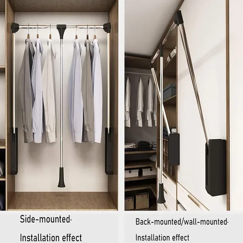 Vista 3 de SOBS Riel de barra de armario abatible, colgador de ropa elevable, barra de ropa para dormitorio, barra de armario, estante de acabado de ropa