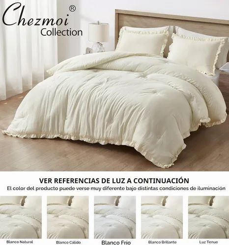 Vista 5 de Chezmoi Collection Nora - Juego de edredón con volantes, color marfil, 3