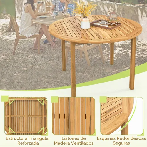 Vista 5 de Tangkula Mesa de comedor redonda para exterior, Mesa de madera de acacia para 4 personas de gran tamaño, Mesa de patio estilo granja para bistró