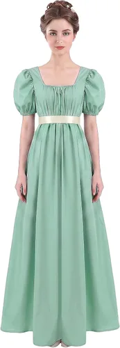 Vista 15 de Vestido de regencia para mujer, cuello cuadrado, manga abombada Verde oscuro