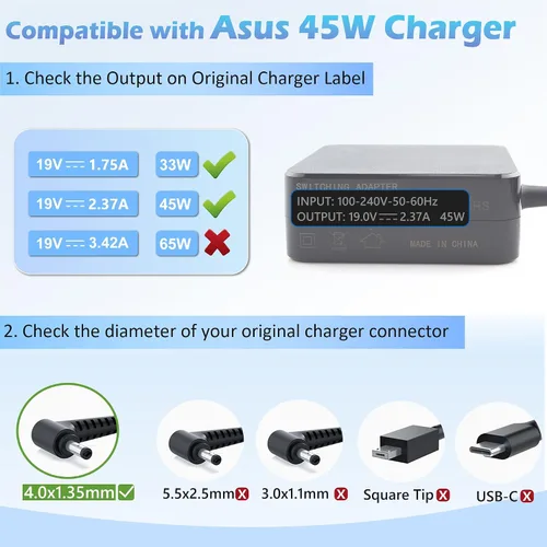Vista 3 de 45W 19V 2.37A Adaptador de CA Cargador para portátil Cargador de repuesto para ASUS UX305 UX305L UX305F UX305C UX303U UX330 UX330U X331UA UX360C