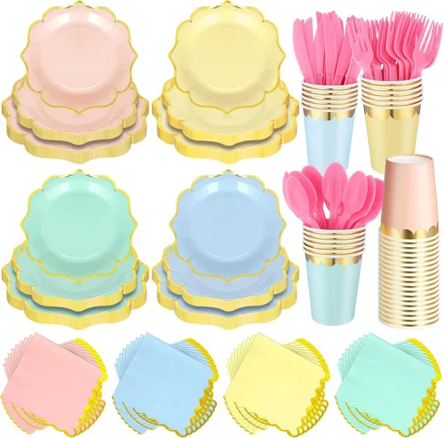Vista 8 de Yaomiao Juego de vajilla desechable de 175 piezas de platos de papel marrón con cuchillo de plástico, cuchara, tenedor, cuchara, decoración de boda