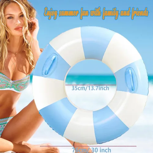 Vista 2 de Flotadores inflables de piscina para adultos, paquete de 2 flotadores a rayas, tubos de piscina, anillos de natación con asas, flotador inflable