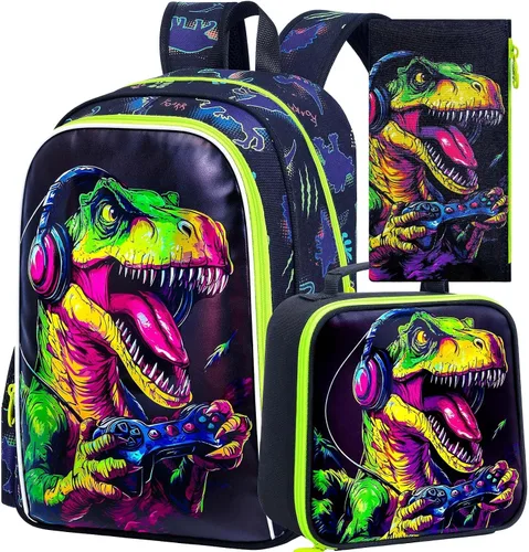 Vista 18 de CCJPX 3Pcs Backpack for Boys, 16 Inch Preschool Elementary Kindergarten School Backpacks and Lunch Box Aa1-dinosaurio Negro