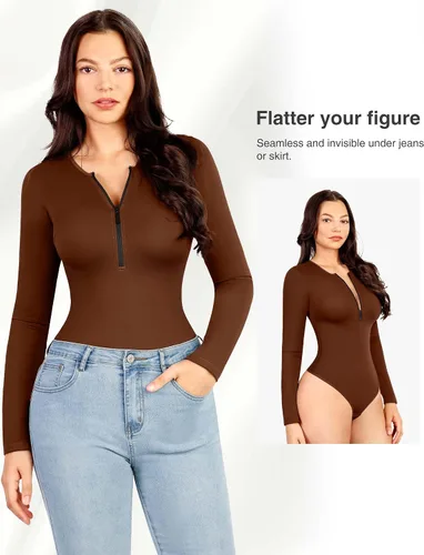 Vista 2 de Women's Deep V Long Sleeve Bodysuit for Women Zip Up Bodysuit Brown & Black Bodysuit Women Zip Front
