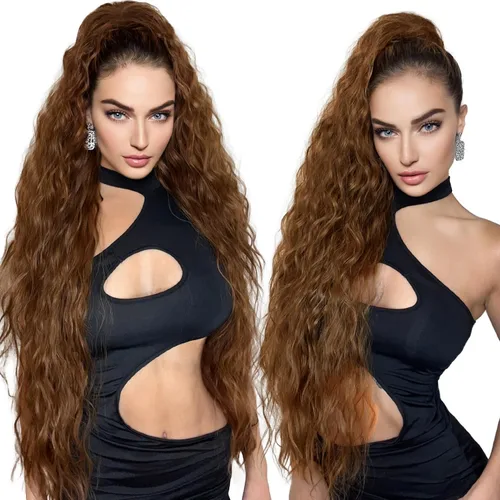 Vista 15 de HOOJIH Extensión de cola de caballo, extensiones de cabello con cordón para cola de caballo de 26 pulgadas de largo, pelo rizado y ondulado natural
