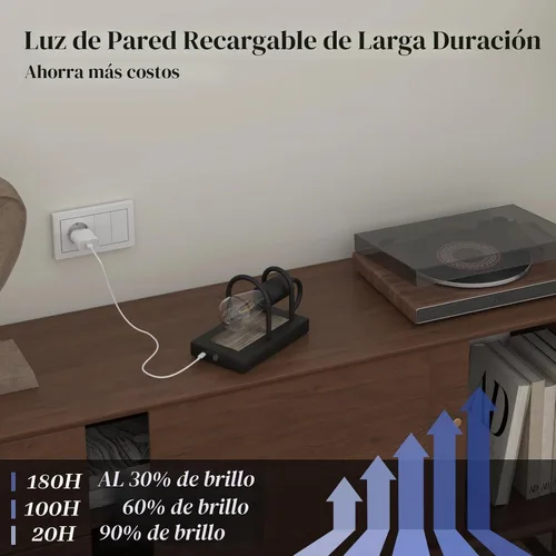 Vista 8 de Luces de pared vintage a pilas con acabado de madera sintética, lámpara de pared regulable, sin cableado, fácil de instalar, aplique de pared