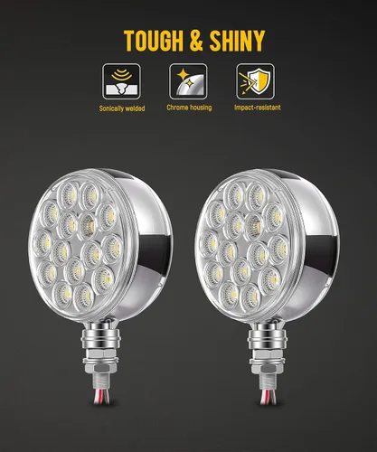 Vista 4 de Partsam 2 luces de pedestal redondas cromadas de doble cara de 3 pulgadas, color rojo/ámbar, 30 LED selladas, lente transparente, montaje
