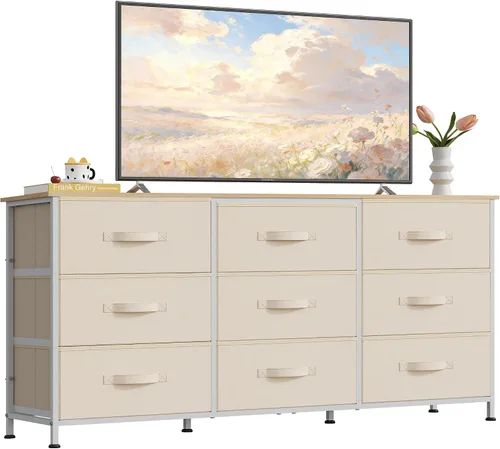 Vista 28 de WLIVE Soporte de TV para TV de 55 pulgadas, cómoda de 9 cajones para A-Rosa