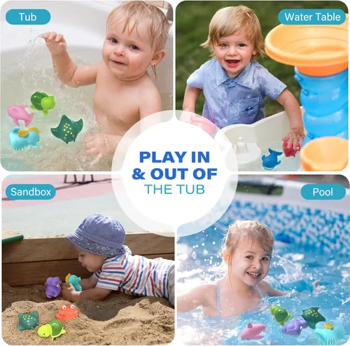 Vista 5 de LotFancy Juguete de baño, 8PCS juguetes de baño sin moho para niños de 1 a 3 años, juguetes de baño para bebés sin agujeros para niños pequeños de 2