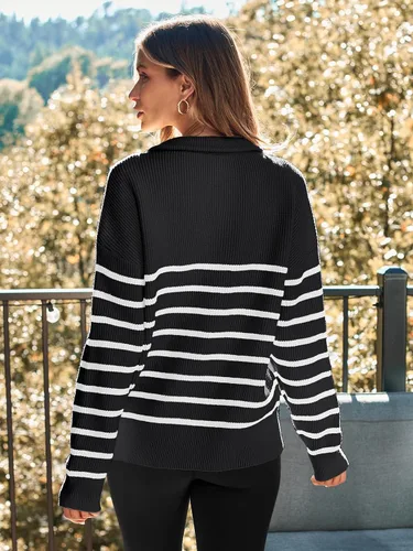 Vista 4 de LILLUSORY Suéter de punto con cuello de rayas con cremallera de un cuarto para mujer, ropa cálida de punto para invierno 2023 a la moda