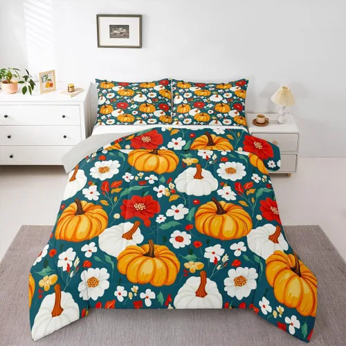 Vista 18 de Erosebridal Juego de edredón individual de pavo de Acción de Gracias, juego de ropa de cama de calabaza con hojas de otoño para niños y adultos