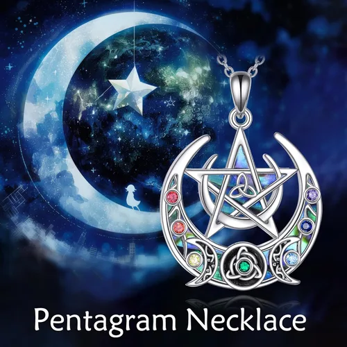 Vista 31 de LUHE Collar de plata de ley con dije de pentagrama de chakras y luna, pentáculo, celta, pagano, wiccano, amuleto mágico para mujeres, adolescentes