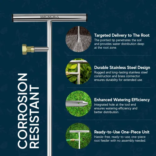 Vista 4 de Varomorus Alimentador de raíces profundas de acero inoxidable para riego de árboles, herramienta de riego para plantas al aire libre, sistema