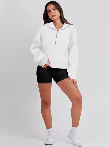 Vista 6 de ANRABESS Sudaderas recortadas para mujer, con media cremallera, forro polar, con cremallera de un cuarto, ropa de otoño 2023, suéter con agujero