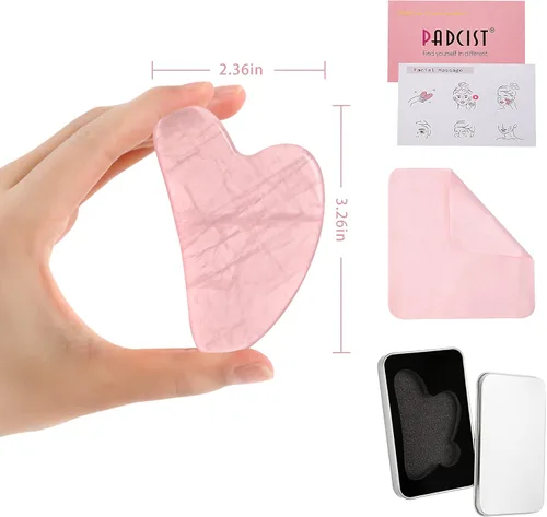 Vista 4 de Herramienta facial Gua Sha, herramienta Guasha para masajeador facial y corporal, piedras naturales, cuarzo rosa, raspado y terapia de acupuntura