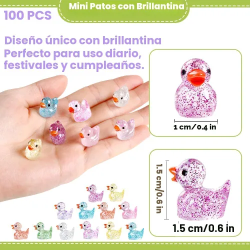 Vista 2 de DULEFUN 100 piezas mini patos con purpurina coloridos pequeños de resina para ocultar figuras de animales de plástico para casa de muñecas, micro