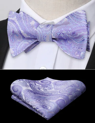 Vista 194 de HISDERN Pajaritas para hombre, corbatín de cachemira para hombre, corbata de lazo y bolsillo cuadrado, juego formal de esmoquin para boda