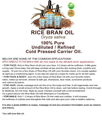 Vista 6 de Botanical Beauty Aceite de salvado de arroz 100% puro y natural refinado sin diluir prensado en frío aceite portador para cara, piel, cuerpo