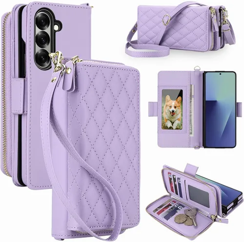 Vista 17 de Compatible con Samsung Galaxy Z Fold 3 5G 2021 - Funda tipo cartera con cremallera y bloqueo RFID, correa para tarjetero, ranuras para tarjetas Rojo