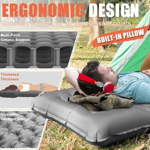 Vista 2 de Colchoneta inflable para acampar con almohada, extra gruesa de 4 pulgadas con bomba integrada, colchón de aire compacto y ultraligero para acampar