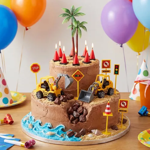Vista 6 de BBTO 14 decoraciones de construcción para tartas incluyen 6 velas moldeadas en forma de cono, 2 decoraciones de camión de construcción, 1 palmera