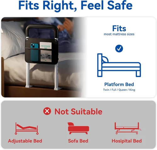 Vista 7 de Barandillas de cama para adultos mayores de seguridad - Diseño ajustable de tubo plano para personas mayores con bolsillo de almacenamiento y asa
