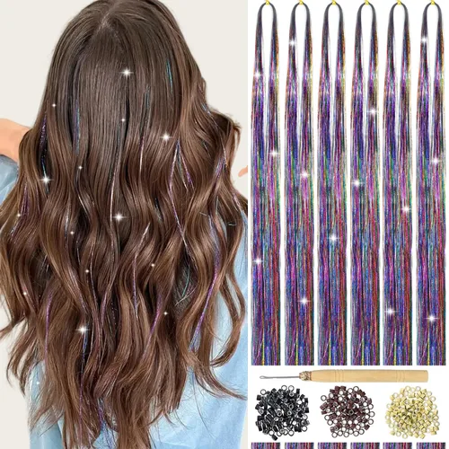 Vista 15 de Kit de Oropel para Cabello con Herramientas Extensiones de Cabello de Oropel Negro 6 Piezas 1200 Hebras Kit de Oropel para Cabello de Hadas