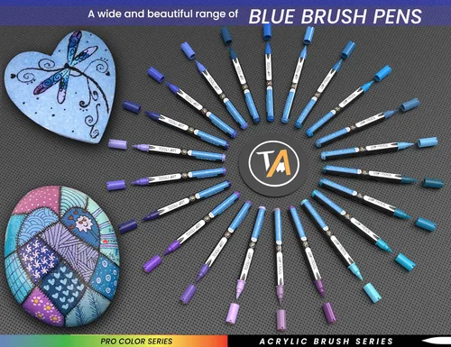 Vista 3 de TOOLI-ART Juego de 22 rotuladores de pintura acrílica con punta de pincel flexible de 1 a 0.276 in para pintura de rocas, vidrio, tazas, madera, Azul