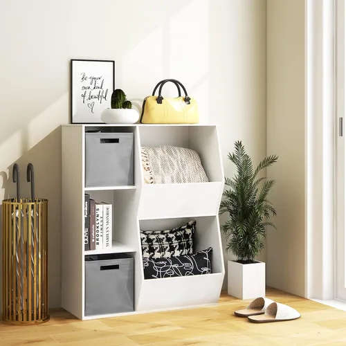 Vista 4 de HONEY JOY Organizador de almacenamiento de juguetes para niños con 5 cubículos, estantería y estantería para niños con 2 cajas de almacenamiento