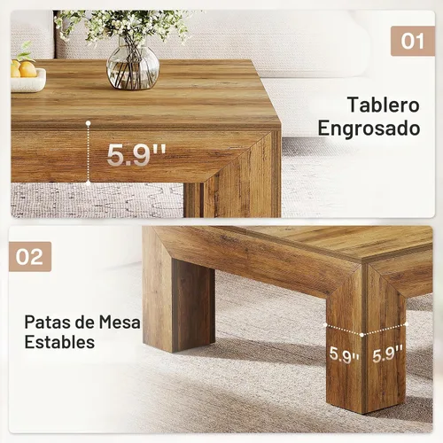 Vista 6 de Tribesigns - Mesa de café cuadrada estilo granja para sala de estar, mesa de centro baja grande de 39.37 pulgadas con patas resistentes, fácil Marrón