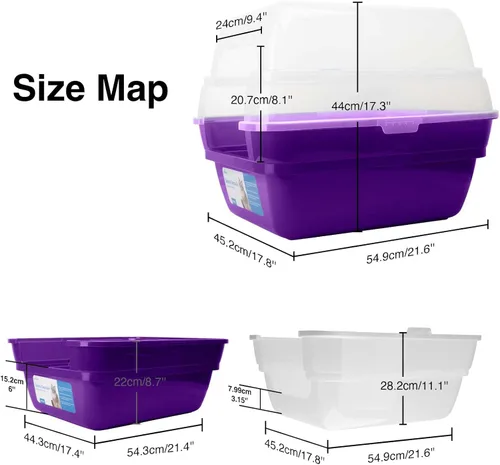 Vista 2 de Caja de arena para gatos Petfamily, caja de arena grande plegable jumbo con techo y tapa transparente (morado)