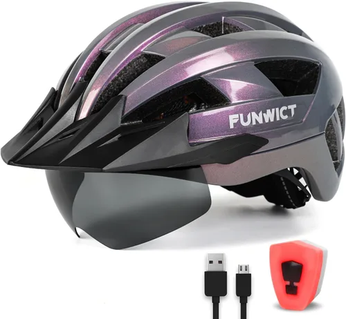 Vista 18 de Adult Bike Helmet with Visor and Goggles for Men Women Mountain Road Bicycle Helmet Rechargeable Rear Light Cycling Helmet