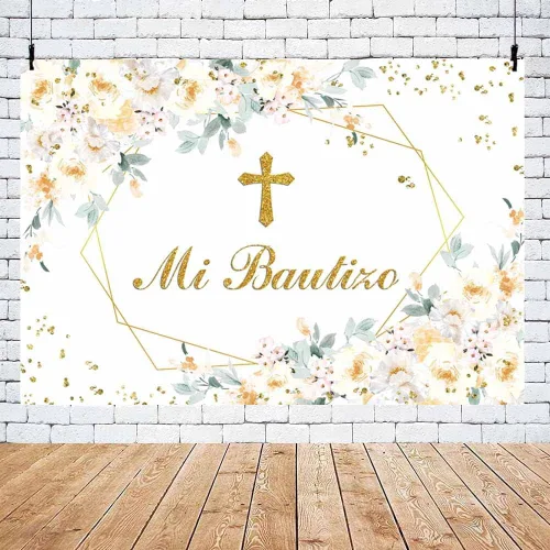 Vista 4 de AIBIIN Telón de fondo Mi Bautizo de 7 x 5 pies para niña, diseño floral amarillo y blanco, para fotografía de bautismo, puntos dorados
